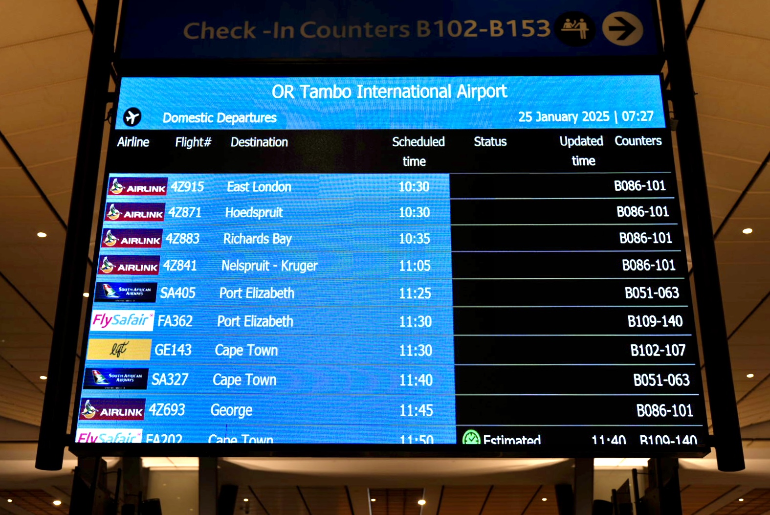 ヨハネスブルグ空港 ターミナルB 国内線出発一覧